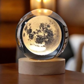 Dekoratif Dolunay Tasarımlı Ahşap altlıklı Işıklı Cam Küre Büyük Boy 8cm