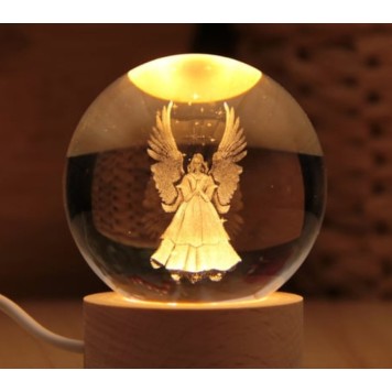 Dekoratif Kanatlı Melek Tasarımlı Ahşap Altlıklı Işıklı Cam Küre Cam:6cm Ahşap:2cm