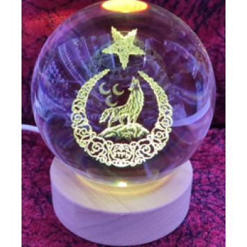 Dekoratif Bozkurt Tasarımlı Ahşap altlıklı Işıklı Cam Küre Büyük Boy-1