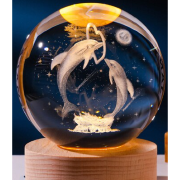 Dekoratif YUNUS BALIKLARI Tasarımlı Ahşap altlıklı Işıklı Cam Küre Büyük Boy-1