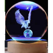 Dekoratif KARTAL Tasarımlı Ahşap altlıklı Işıklı Cam Küre Büyük Boy Cam:8cm Ahşap:2cm