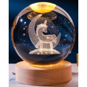  Dekoratif Ay içinde Unicorn Tasarımlı Ahşap Altlıklı Işıklı Cam Küre Cam:6cm Ahşap:2cm