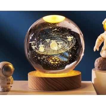 Dekoratif Gezegen Tasarımlı Ahşap altlıklı Işıklı Cam Küre Büyük BoyCam:8cm Ahşap:2cm